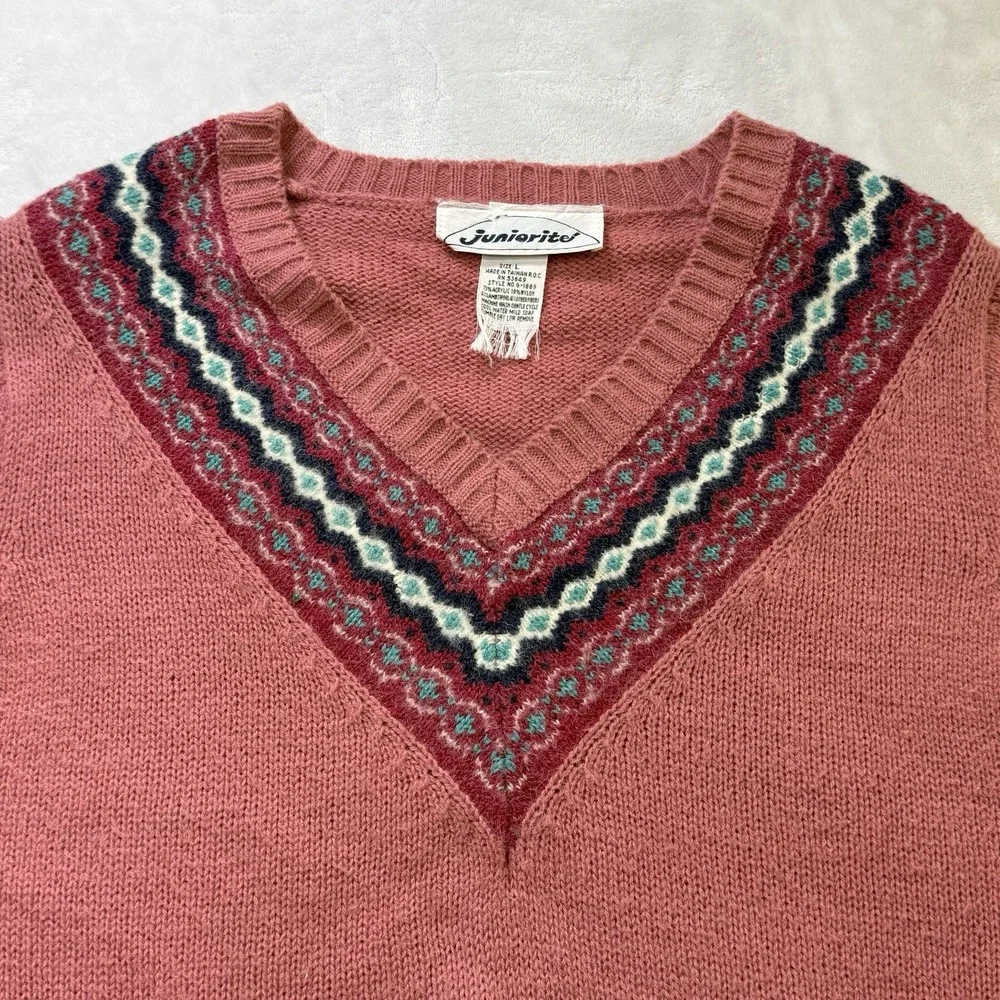 Vintage Juniorite Fair Isle V Neck Sweater Womens L Pink Acrylic Knit 80s 90s